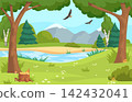 Cartoon forest landscape. Spring summer scene, green hill meadow field park garden view adventure grass water river wood tree jungle plant woodland background vector illustration 142432041