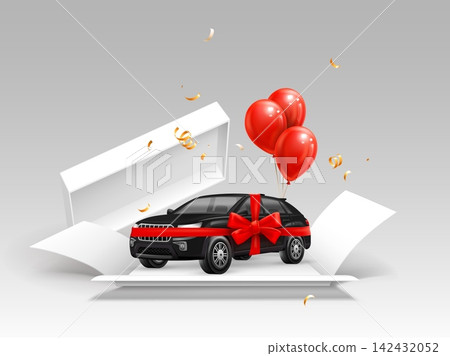 3d gift car. Realistic black suv car in giftbox auto dealer vehicle giveaway red ribbon bow wrap retail promotion lottery grand prize shop advertising banner vector illustration 142432052