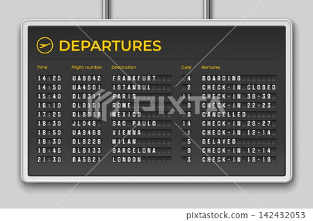 Airport flip board. Flight scoreboard, departure arrival display sign panel destination travel mechanical timetable countdown analog retro realistic 3d garish vector illustration 142432053