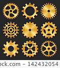 Golden gears realistic. Steampunk cogwheel, gold gear teeth vintage clockwork metal brass copper bronze industrial antique factory machinery engineering garish vector illustration 142432054