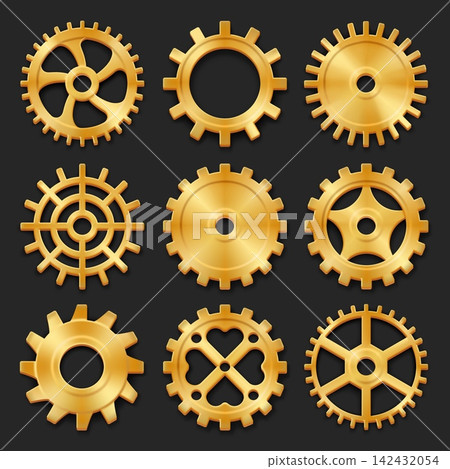 Golden gears realistic. Steampunk cogwheel, gold gear teeth vintage clockwork metal brass copper bronze industrial antique factory machinery engineering garish vector illustration Golden gears realistic. Steampunk cogwheel, gold gear teeth vintage clockwork metal brass copper bronze industrial antique factory machinery engineering garish vector illustration 142432054
