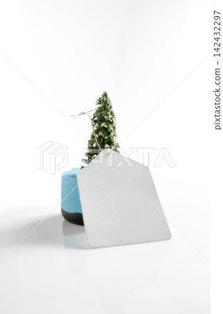 A blank white paper gift tag shaped like a house is tied to a small miniature snowy Christmas tree, isolated on a white reflective background. Mockup or Copyspace 142432297