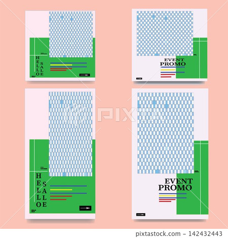 An abstract geometric promotional poster template set with a modern, minimalist Swiss design style, featuring four layout options in square and vertical formats. The composition includes grid patterns 142432443