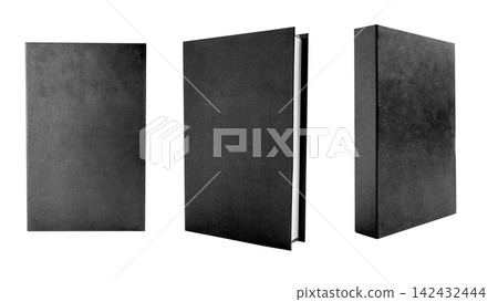 Three views of a blank black hardcover book mockup isolated on a white background, ideal for design presentation and branding. Study or education concept, Three views of a blank black hardcover book mockup isolated on a white background, ideal for design presentation and branding. Study or education concept, 142432444
