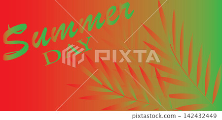 A vibrant summer-themed vector illustration features a warm gradient background transitioning from bright yellow to deep orange. The graphic is filled with various typographic elements, predominantly  142432449