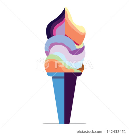 An ice cream cone illustration features a soft-serve swirl with a unique split-color design. The left side displays cooler shades of purple, blue, and light green, while the right side shows warmer to An ice cream cone illustration features a soft-serve swirl with a unique split-color design. The left side displays cooler shades of purple, blue, and light green, while the right side shows warmer to 142432451