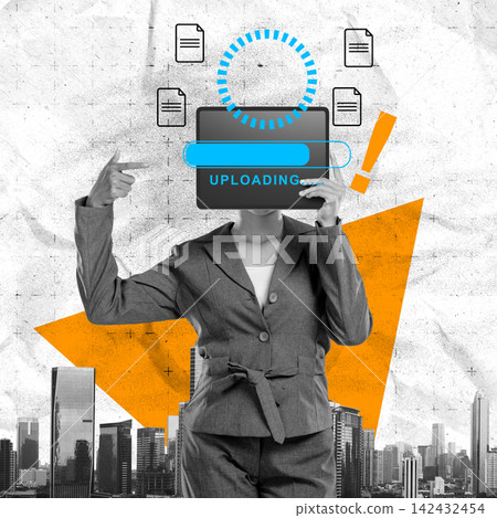 Conceptual art collage of a businesswoman with a tablet head uploading data, set against a city skyline with digital icons. Concept of cloud computing storage and digital storage technology Conceptual art collage of a businesswoman with a tablet head uploading data, set against a city skyline with digital icons. Concept of cloud computing storage and digital storage technology 142432454