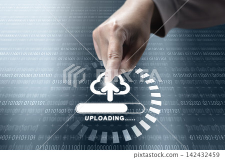 Business hand touching virtual cloud upload icon with progress bar on a blue binary code background. Concept of cloud computing storage and digital storage technology 142432459