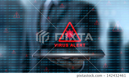 Businessman holding a digital tablet showing a red virus alert warning on a background of binary code. Concept of Technology Security Businessman holding a digital tablet showing a red virus alert warning on a background of binary code. Concept of Technology Security 142432461