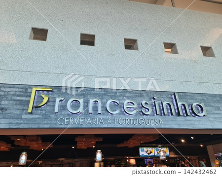 Porto, Portugal - December 13, 2025: Francesinha Cervejaria cafe restaurant inside the departure lounge area of the airport Aeroporto Francisco Sa Carneiro, Porto 142432462