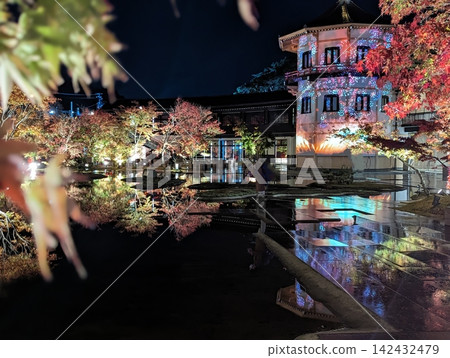 Autumn garden at night, with autumn leaves floating on the water's surface. Autumn garden at night, with autumn leaves floating on the water's surface. 142432479
