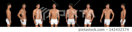 Collage of man in underwear on black background. Banner design Collage of man in underwear on black background. Banner design 142432574