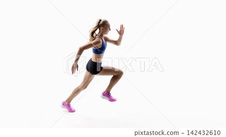 High knee sprint action demonstrating technical running mechanics High knee sprint action demonstrating technical running mechanics 142432610