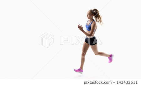 Fast paced female running motion with coordinated stride on white background Fast paced female running motion with coordinated stride on white background 142432611