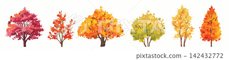 Autumn tree illustration set, fall season bush hand drawn forest oil painting object golden foliage. Autumn tree illustration set, fall season bush hand drawn forest oil painting object golden foliage. 142432772