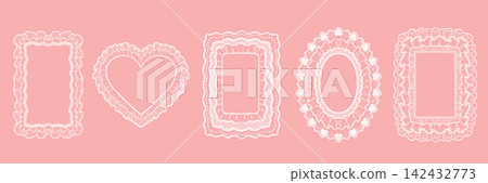 Lace romantic frame set, ribbon delicate border, wedding whimsical decoration, doily holiday design. Lace romantic frame set, ribbon delicate border, wedding whimsical decoration, doily holiday design. 142432773