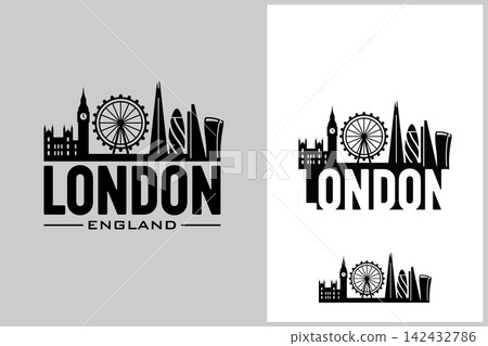 London city skyline silhouette with Big Ben and Eye wheel for british travel branding and historical design projects. London city skyline silhouette with Big Ben and Eye wheel for british travel branding and historical design projects. 142432786
