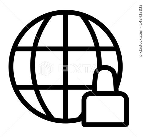 A black and white line icon featuring a globe with a padlock in the bottom right corner, representing internet security, data protection, network privacy, or safe global browsing. A black and white line icon featuring a globe with a padlock in the bottom right corner, representing internet security, data protection, network privacy, or safe global browsing. 142432832