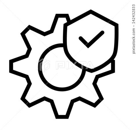 An outline icon combining a mechanical gear and a security shield with a checkmark inside, rendered in clean black lines against a plain white background. The gear symbolizes settings, processing, or An outline icon combining a mechanical gear and a security shield with a checkmark inside, rendered in clean black lines against a plain white background. The gear symbolizes settings, processing, or 142432833