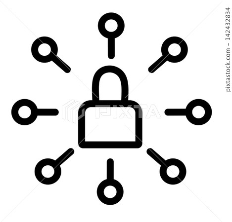 An icon representing data security, network security, or cybersecurity, featuring a central padlock surrounded by eight interconnected nodes or keyhole-shaped symbols arranged in a circular network pa An icon representing data security, network security, or cybersecurity, featuring a central padlock surrounded by eight interconnected nodes or keyhole-shaped symbols arranged in a circular network pa 142432834