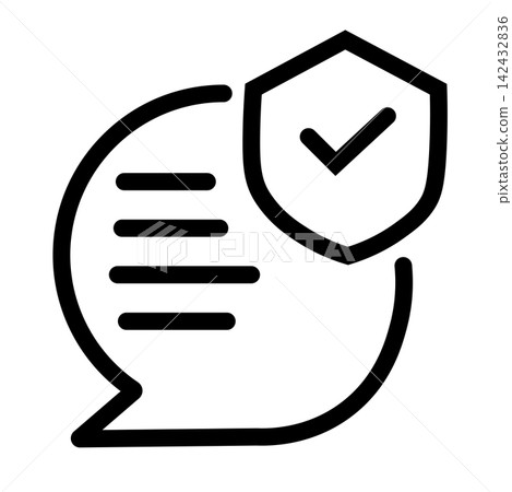 A secure chat balloon icon with a shield and a checkmark inside, featuring clean black lines on a white background, representing safe communication, data privacy, and verified messaging A secure chat balloon icon with a shield and a checkmark inside, featuring clean black lines on a white background, representing safe communication, data privacy, and verified messaging 142432836