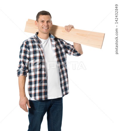 Handsome carpenter with wooden planks isolated on white Handsome carpenter with wooden planks isolated on white 142432849