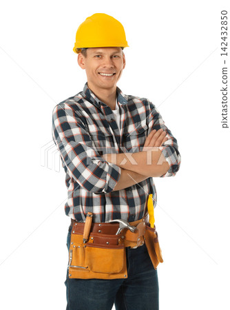 Handsome carpenter with tool belt isolated on white Handsome carpenter with tool belt isolated on white 142432850