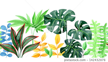 colorful seamless border of tropical plant leaves. Watercolor illustration. 142432878