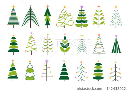 Set of modern vector Christmas trees with ornaments and stars Set of modern vector Christmas trees with ornaments and stars 142432922