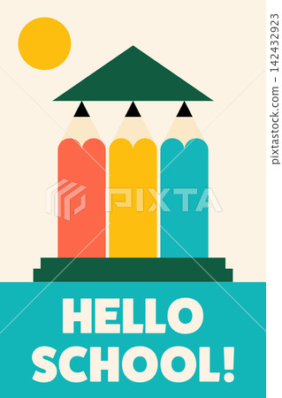 Hello School greeting card or banner with colorful pencils 142432923