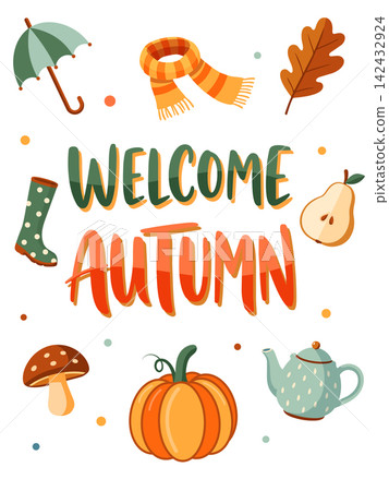 Welcome Autumn flat vector greeting card with seasonal elements 142432924