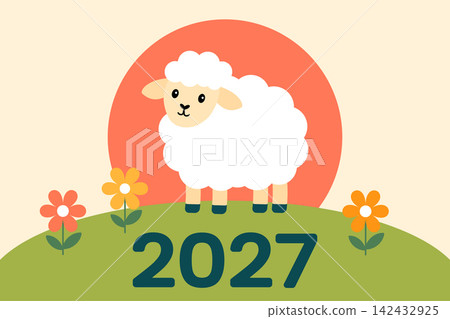 2027 New Year greeting card with cute vector sheep and flowers 142432925