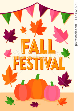 Fall Festival greeting card or banner with pumpkins and leaves Fall Festival greeting card or banner with pumpkins and leaves 142432926