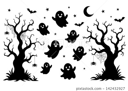 Halloween vector set with spooky trees, ghosts, bats, and spiders Halloween vector set with spooky trees, ghosts, bats, and spiders 142432927