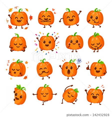 Set of cute vector Halloween pumpkins with various facial expressions and poses 142432928