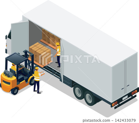 Loading cargo into truck with forklift and workers 142433079