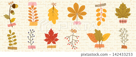 Vector autumn leaves and sprigs taped with washi paper, Cute fall herbarium set for journaling and scrapbooking crafts Vector autumn leaves and sprigs taped with washi paper, Cute fall herbarium set for journaling and scrapbooking crafts 142433253