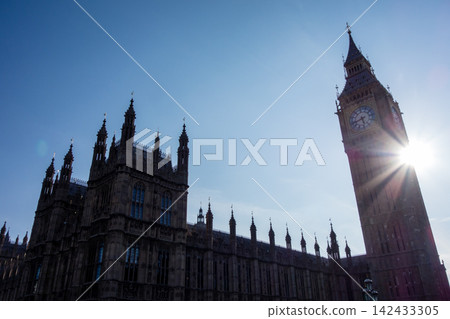 Westminster Palace in the heart of London, bathed in the dazzling backlight of the Thames River. Westminster Palace in the heart of London, bathed in the dazzling backlight of the Thames River. 142433305