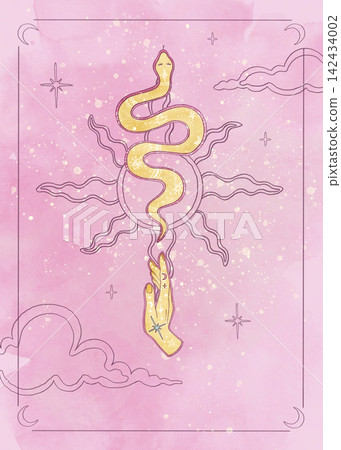 Esoteric template with watercolor mystical snake, hands, hand drawn line art sun and copy space on pink background. Boho magic cute girly illustration for tarot, affirmation cards, poster, stationery Esoteric template with watercolor mystical snake, hands, hand drawn line art sun and copy space on pink background. Boho magic cute girly illustration for tarot, affirmation cards, poster, stationery 142434002
