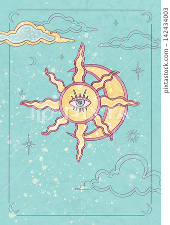 Esoteric card template with mystical sun, evil eye, crescent moon and clouds on pastel mint background. Watercolor hand drawn illustration in boho design for tarot, affirmation cards and posters 142434003