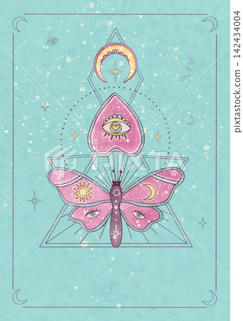 Hand drawn watercolor esoteric template with copy space. Cute pink boho moth, sacred heart and geometry on turquoise background. Magic illustration for tarot, affirmation cards, posters, stationery Hand drawn watercolor esoteric template with copy space. Cute pink boho moth, sacred heart and geometry on turquoise background. Magic illustration for tarot, affirmation cards, posters, stationery 142434004