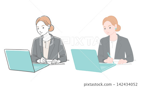 An illustration of an employee working on a computer while taking notes. An illustration of an employee working on a computer while taking notes. 142434052