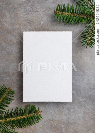 Blank vertical Christmas card mockup near green fir branches on grey stone. Rustic holiday scene Blank vertical Christmas card mockup near green fir branches on grey stone. Rustic holiday scene 142434083