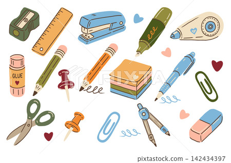 Back to school hand drawn vector collection, stationery and office supply, scissors, ruler, compass, eraser, paper clips, pushpins, pencil, ballpoint pen, glue, correction fluid, notepads. Back to school hand drawn vector collection, stationery and office supply, scissors, ruler, compass, eraser, paper clips, pushpins, pencil, ballpoint pen, glue, correction fluid, notepads. 142434397