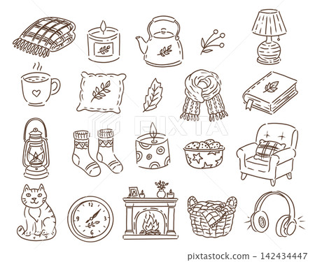 Seasonal autumn hygge lifestyle vector collection, hand drawn cat, hot mug, candles, kettler, scarf, socks and books for fall designs and winter lifestyle Seasonal autumn hygge lifestyle vector collection, hand drawn cat, hot mug, candles, kettler, scarf, socks and books for fall designs and winter lifestyle 142434447