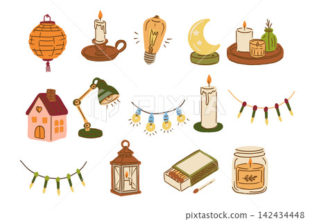 Cozy light home decor with autumn lighting elements feauturing lit lantern, match box, desk lamp, candles, jar candle, paper lantern, night light, christmas illumination. Cozy light home decor with autumn lighting elements feauturing lit lantern, match box, desk lamp, candles, jar candle, paper lantern, night light, christmas illumination. 142434448