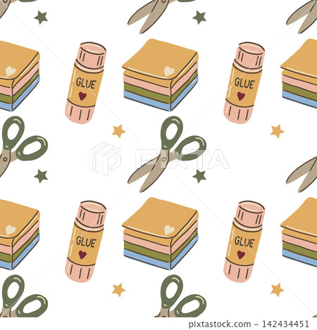 Back to shcool seamless pattern with scissors, bloknote, clue. 142434451