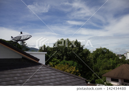 Rooftop satellite dish above lush green trees Rooftop satellite dish above lush green trees 142434480
