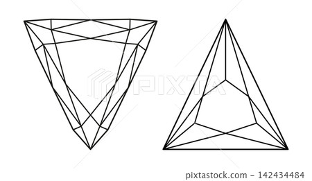 Diamond Trillion, Triangular cut shape simple icons. Triangle brilliant cut flat patterns. Gemstone outline elements for jewellery design, branding, packaging, logo. 142434484