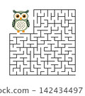 Cute cartoon owl perched beside square maze puzzle with bold pathways and simple geometric layout in flat illustration style for educational games and children's activity pages 142434497
